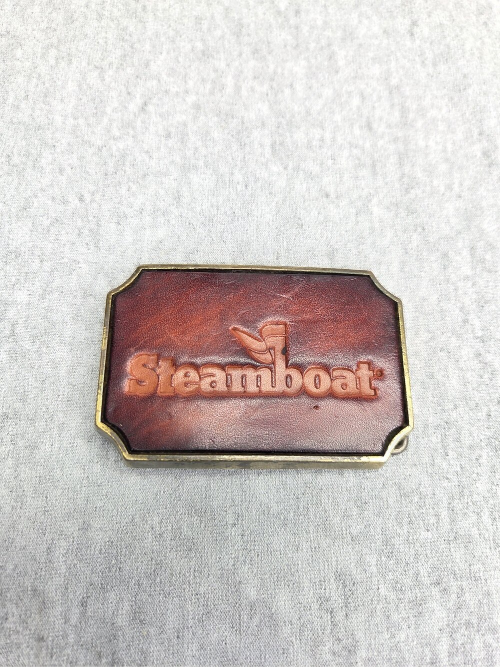 Steamboat Ski Resort Belt Buckle Colorado Solid Brass Leather Inlay Vintage